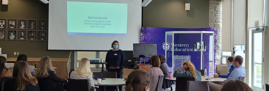 Centre Director and professor Dr. Claire Crooks introduces the summer studentship program to students and faculty.

