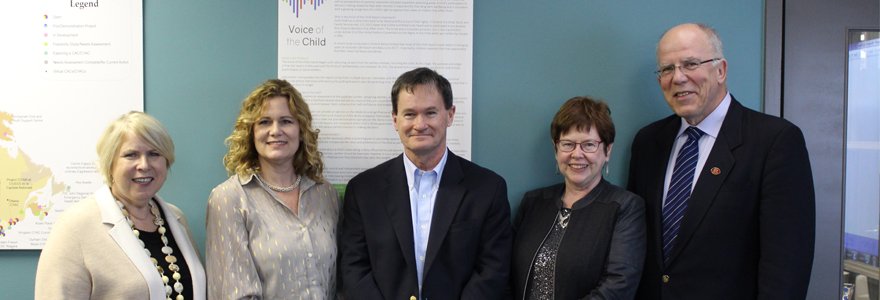 L-to-R - Deb Matthews, MPP London North Centre; Karen Bax, Managing Director, Mary J. Wright Research and Education Centre at Merrymount and Assistant Professor at the Faculty of Education at Western; Terry Spencer, Research and Evaluation Officer LDCSB; Sandra Savage, Mental Health Lead/Social Work Supervisor LDCSB; John Jevnikar, Chair Board of Trustees LDCSB. 